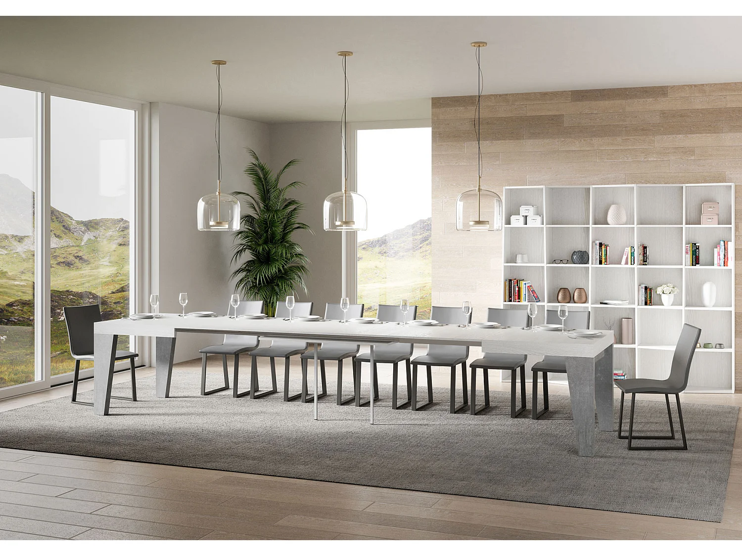 Mesa de jantar extensível 90x130/390 cm Naxy Mix plano Cinza Branca - pernas Cimento