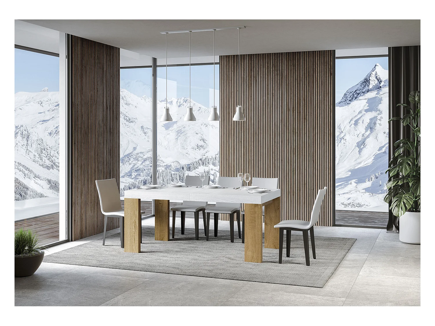 Uitschuifbare rechthoekige tafel van wit en licht hout 180 tot 440 cm Ribo-Steun 2 voet