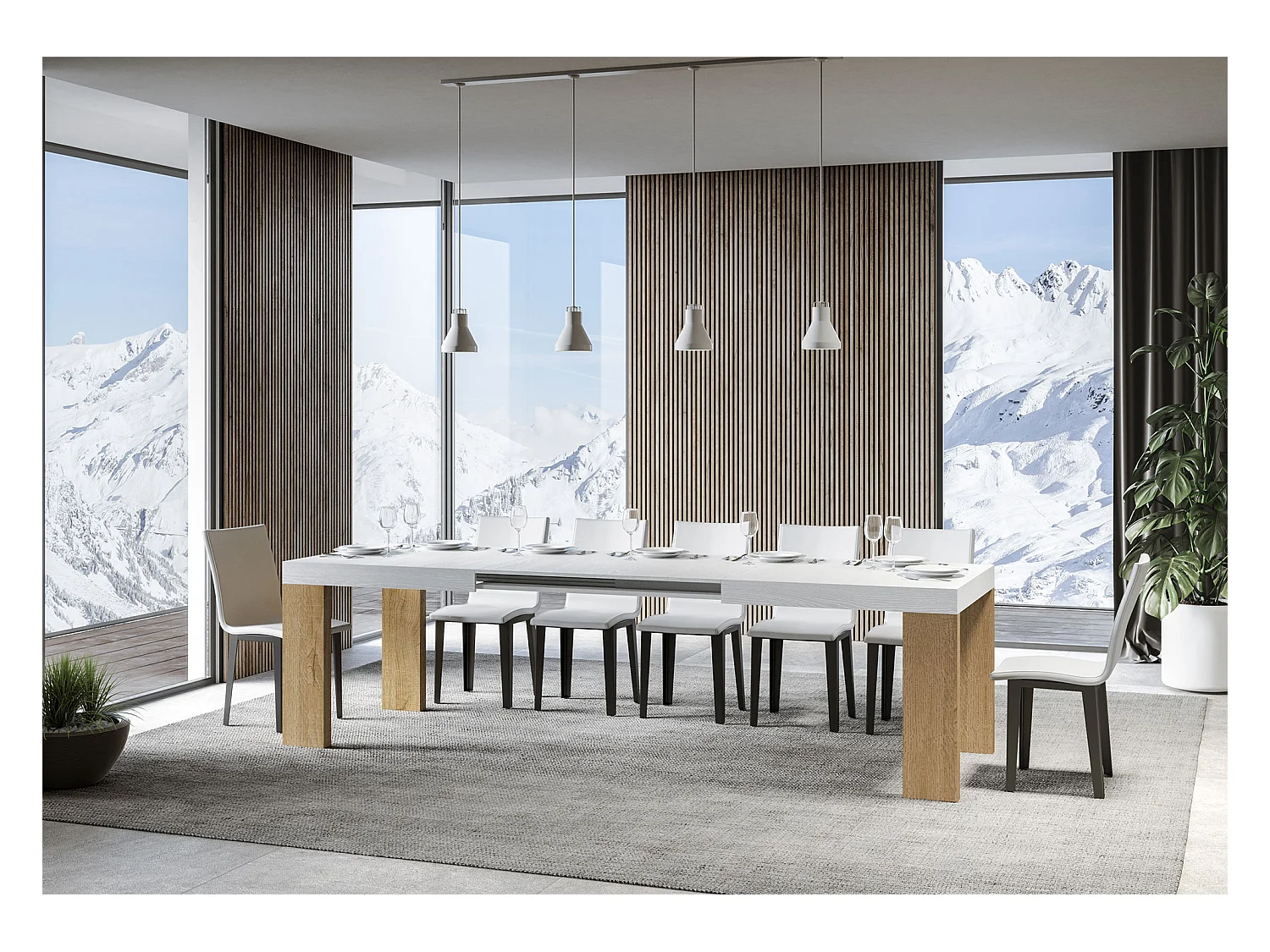 Uitschuifbare rechthoekige tafel van wit en licht hout 180 tot 440 cm Ribo-Steun 2 voet