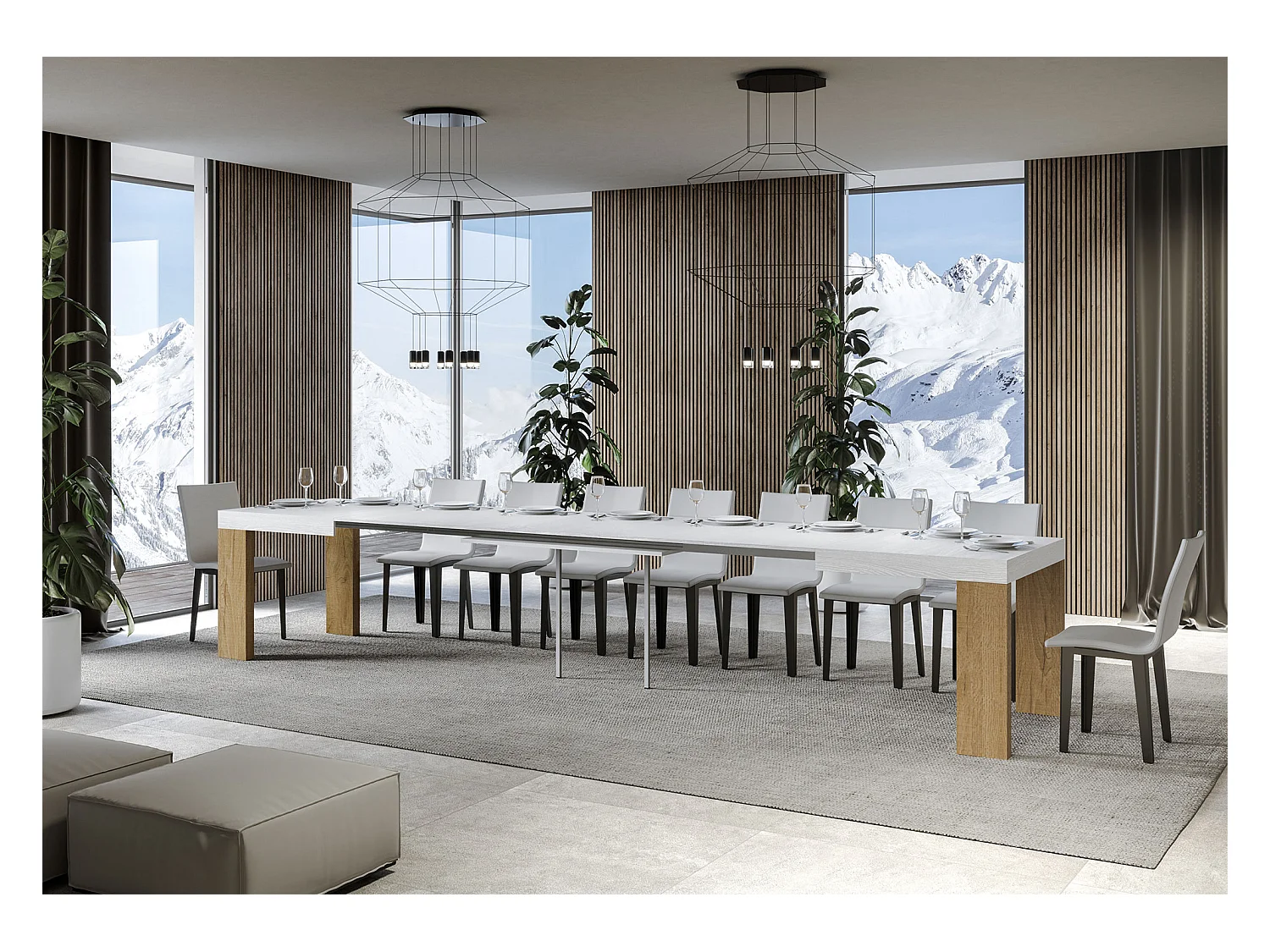 Uitschuifbare rechthoekige tafel van wit en licht hout 180 tot 440 cm Ribo-Steun 2 voet