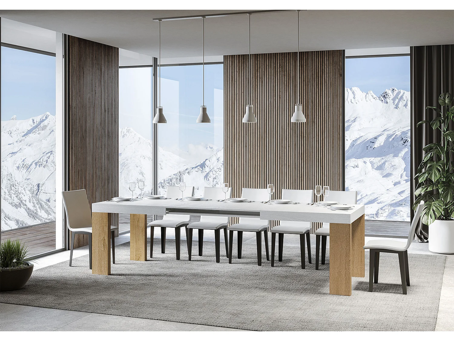 Table extensible 90x180/440 cm Roxell Mix dessus Frêne Blanc pieds Chêne Nature