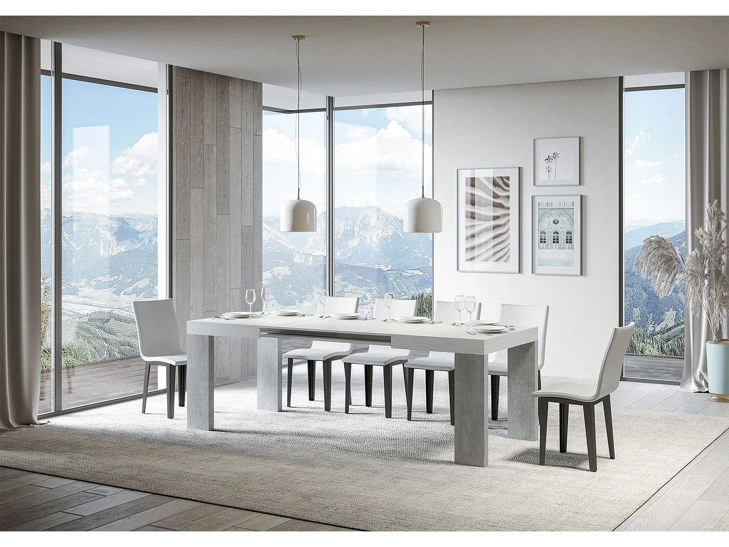 Stół rozkładany 90x130/390 cm Roxell Mix Biały jesionowy blat - Nogi cementowe