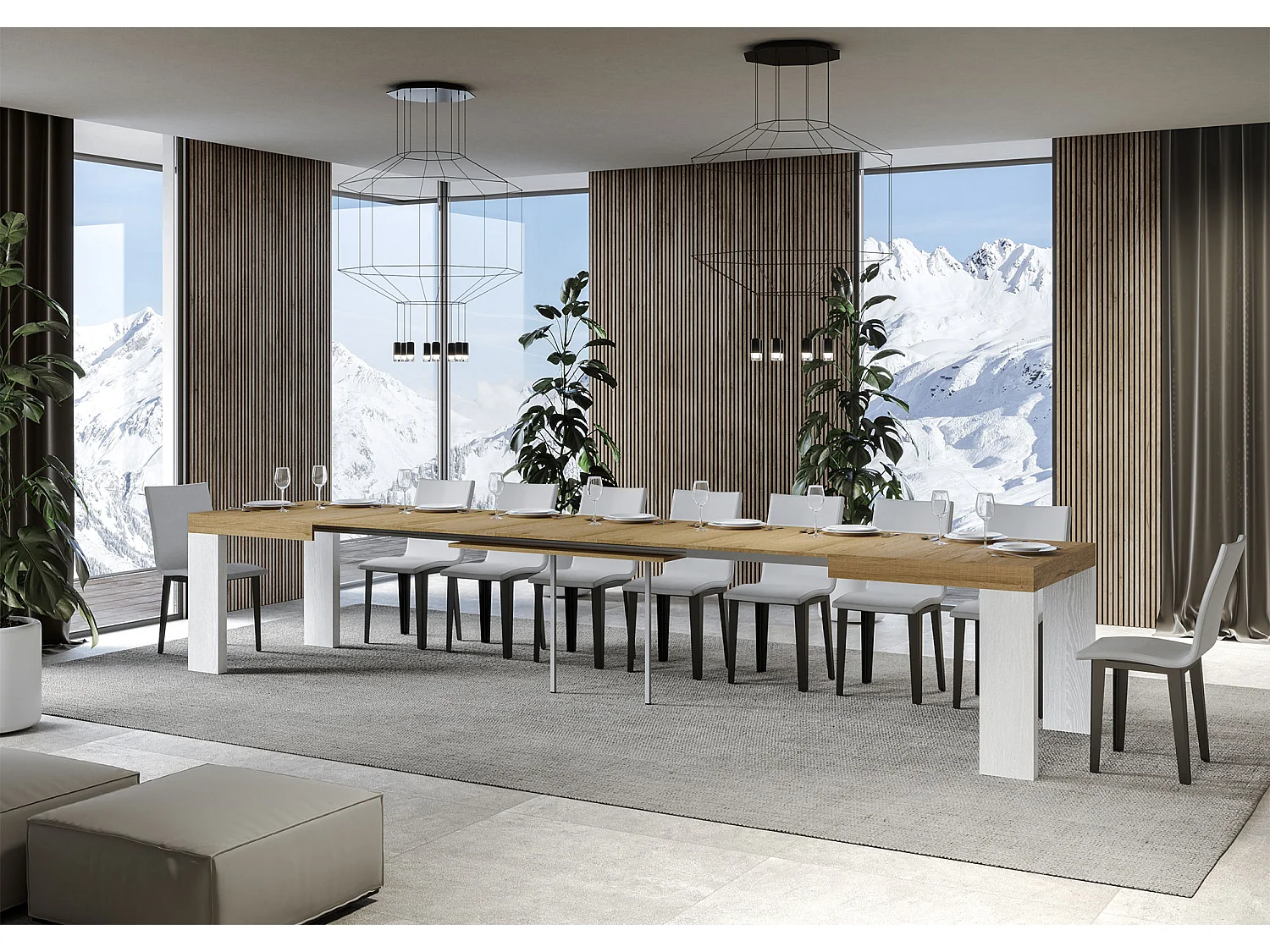 Table extensible 90x180/440 cm Roxell Mix dessus Chêne Nature pieds Frêne Blanc