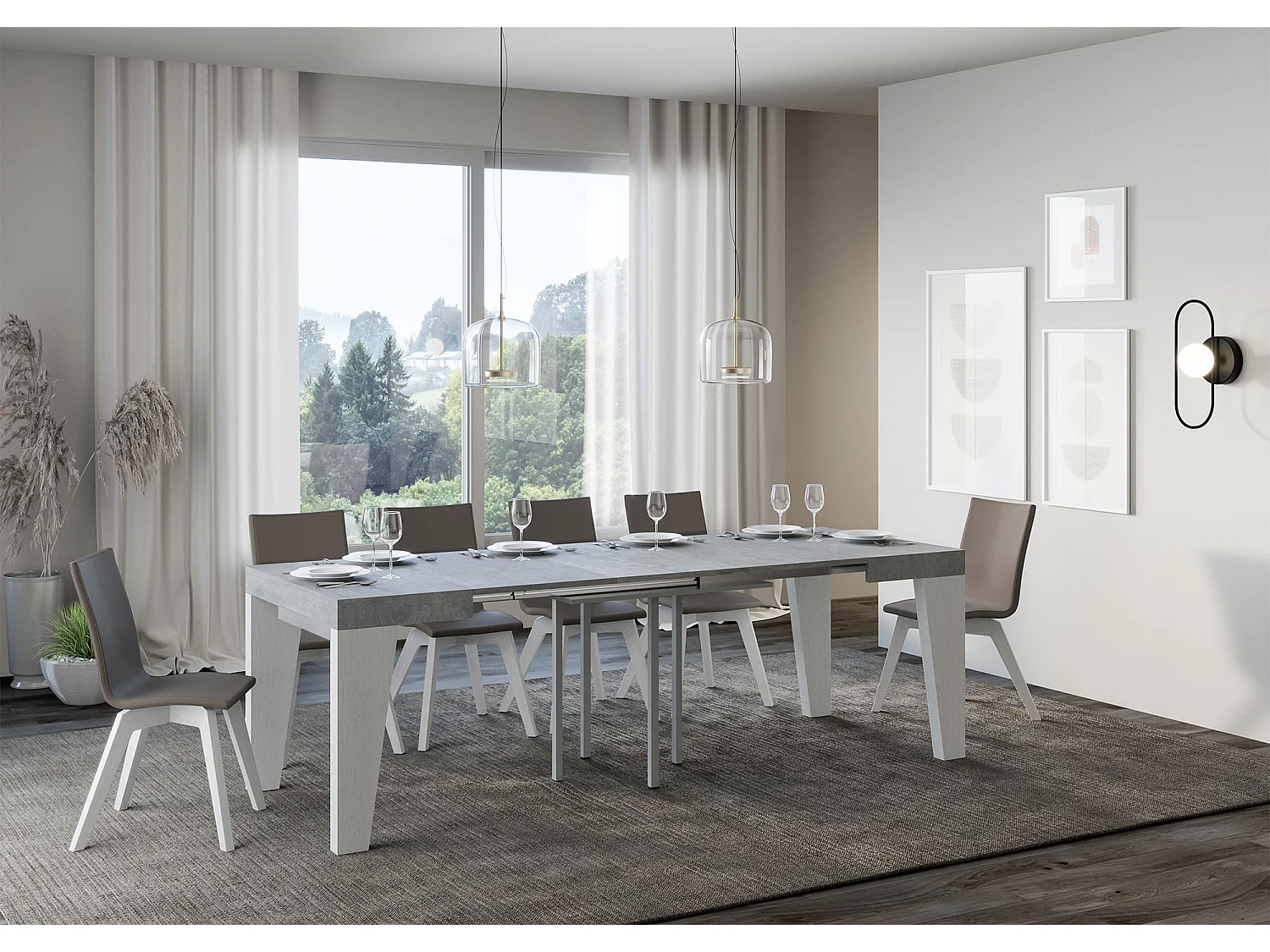 Stół rozkładany 90x90/246 cm Blat cementowy Naxy Mix - Nogi z białego jesionu