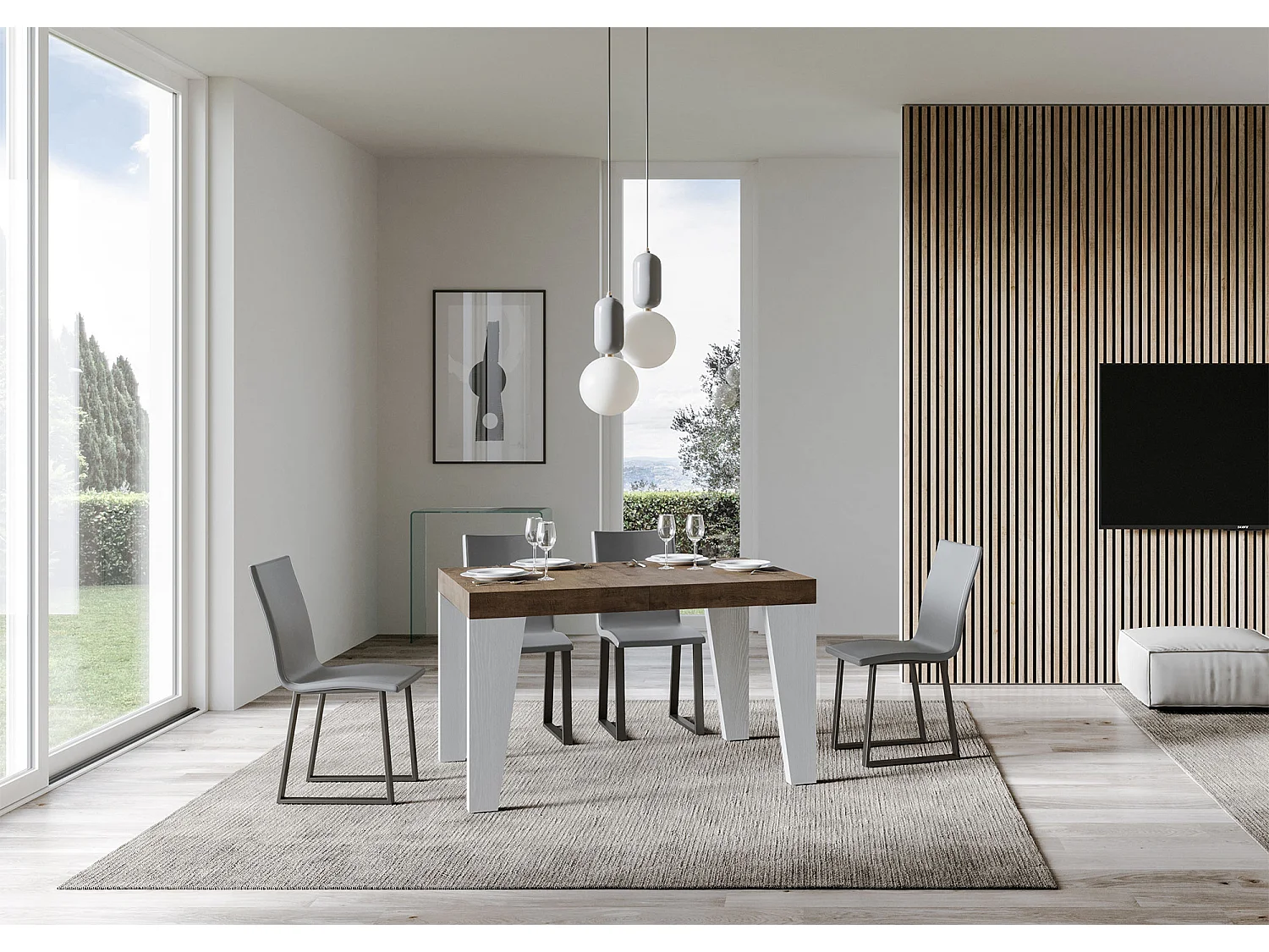 Mesa extensible 90x130/234 cm Tapa Naxy Mix Nogal - Patas Fresno Blanco