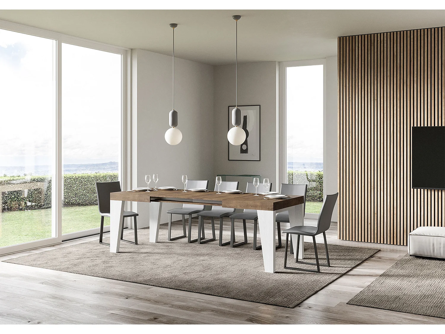 Mesa extensible 90x130/234 cm Tapa Naxy Mix Nogal - Patas Fresno Blanco