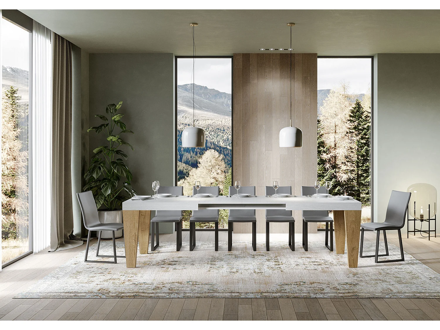 Table extensible 90x160/420 cm Spimbo Mix dessus Frêne Blanc pieds Chêne Nature