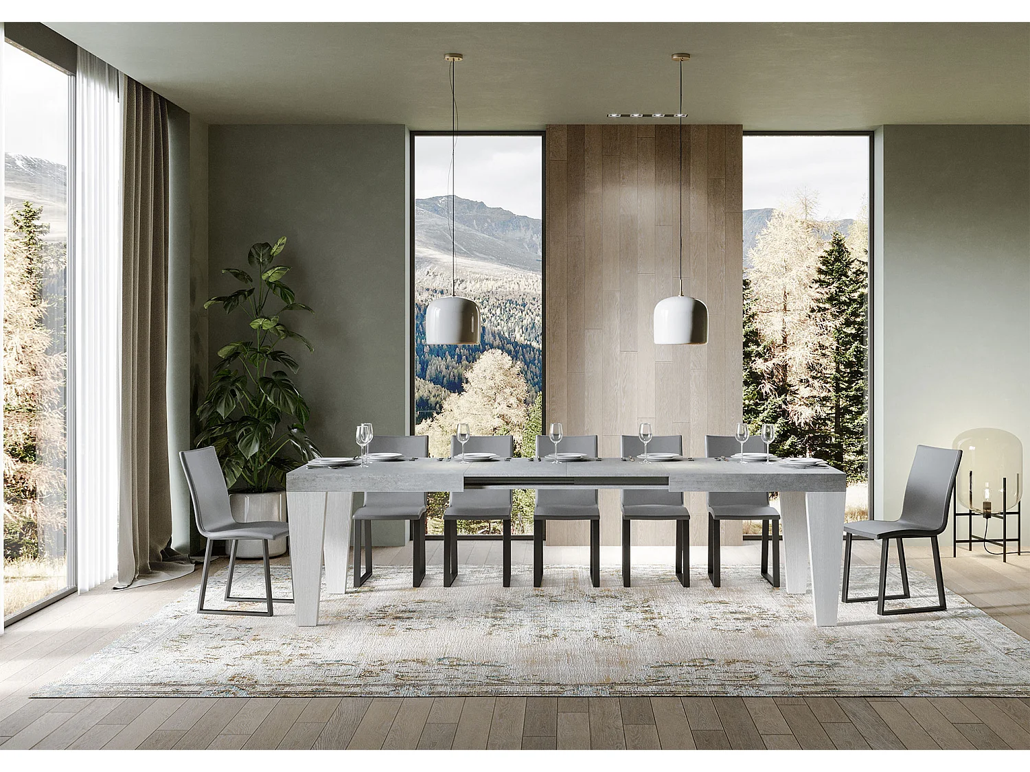 Table extensible 90x160/420 cm Spimbo Mix dessus Gris Béton pieds Frêne Blanc