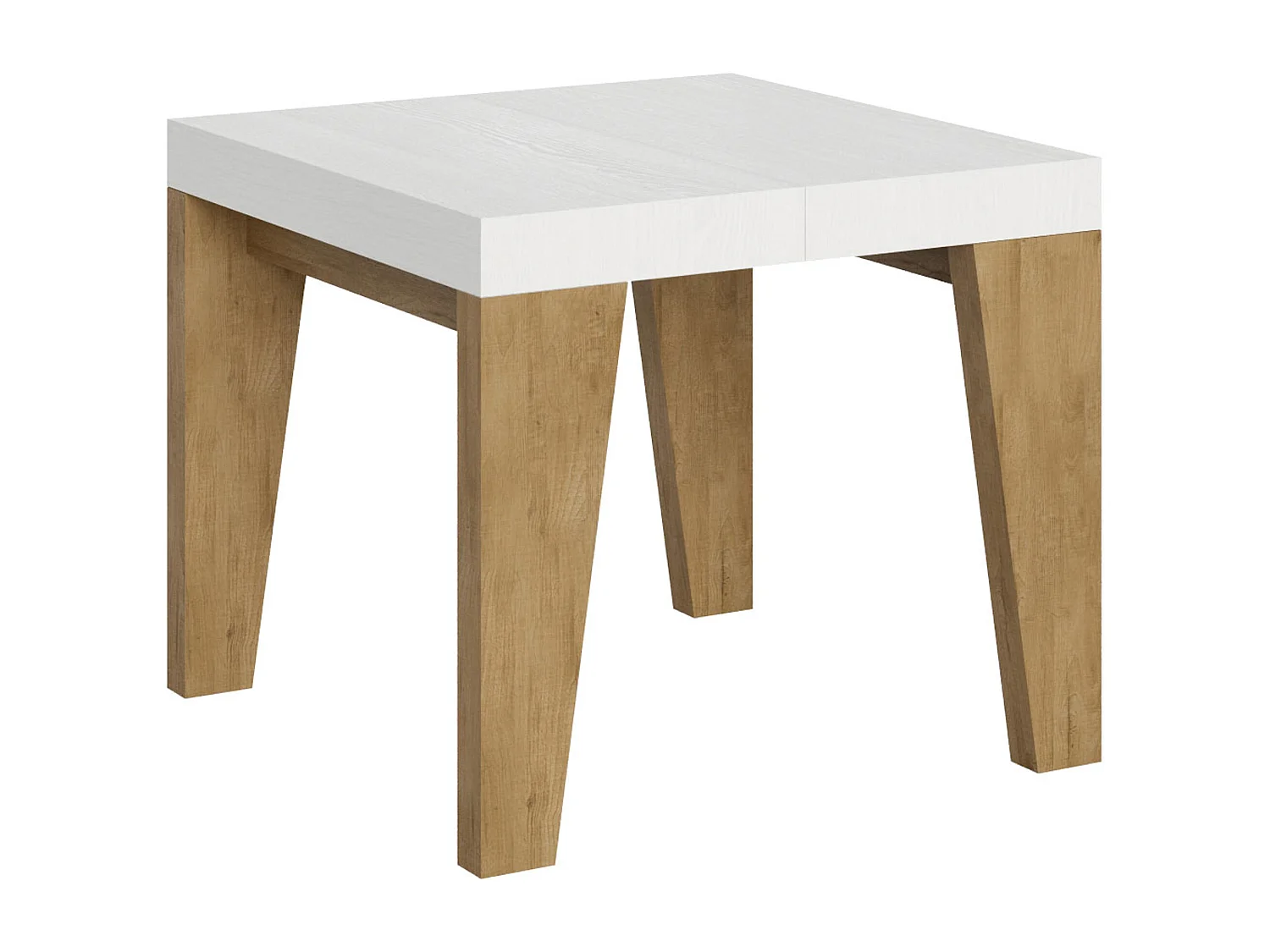 Mesa extensible cuadrada pequeña en madera blanca y roble natural de 90 a 246 cm Naxo-Soporte 2 pies
