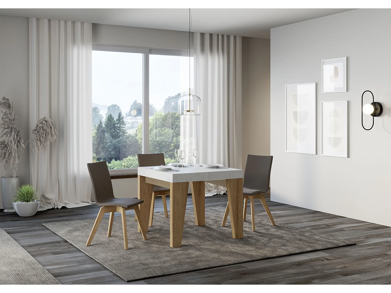 Table extensible 90x90/246 cm Naxy Mix dessus Frêne Blanc pieds Chêne Nature