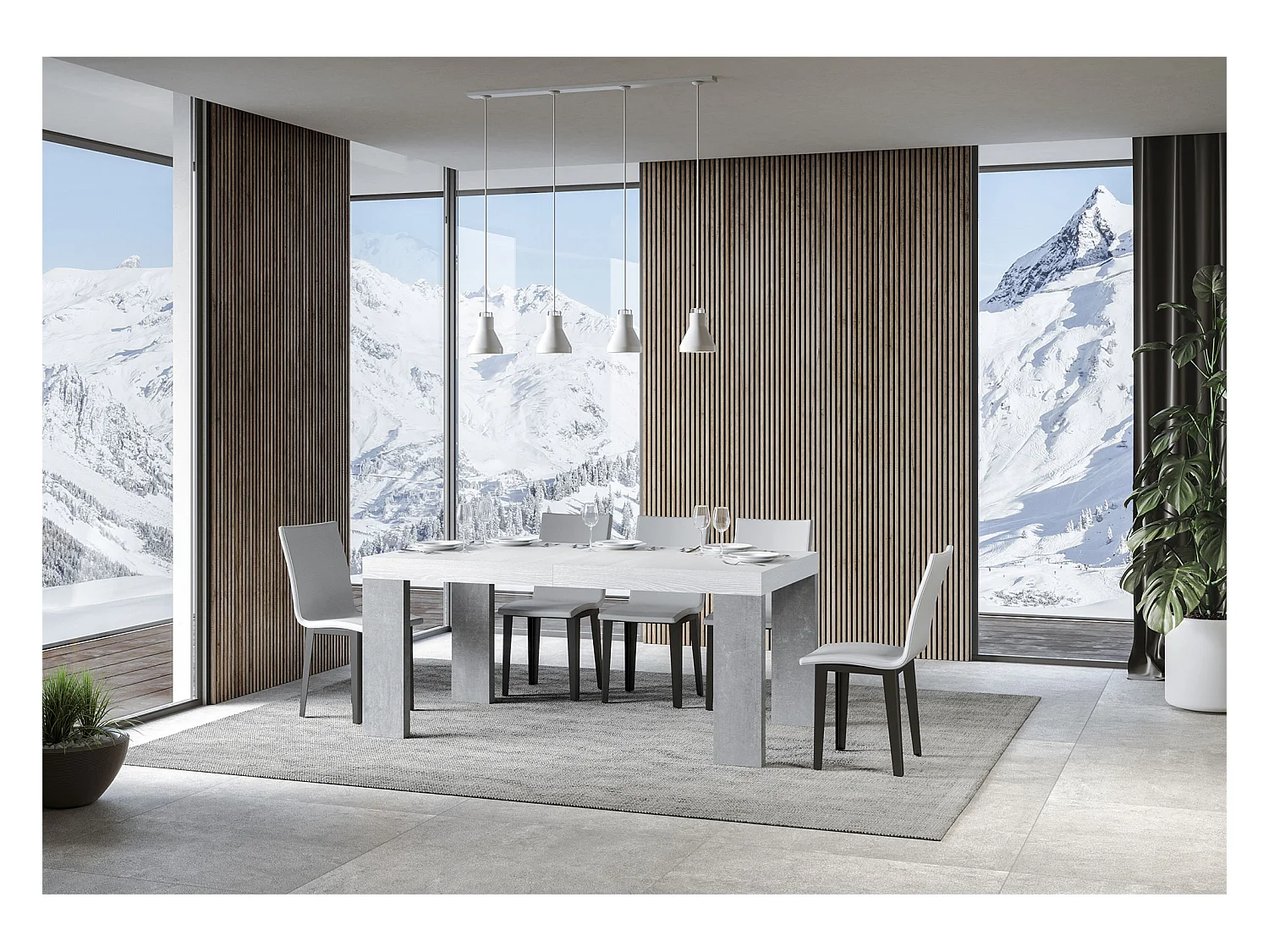 Table extensible 90x160/420 cm Roxell Mix dessus Frêne Blanc pieds Gris Béton