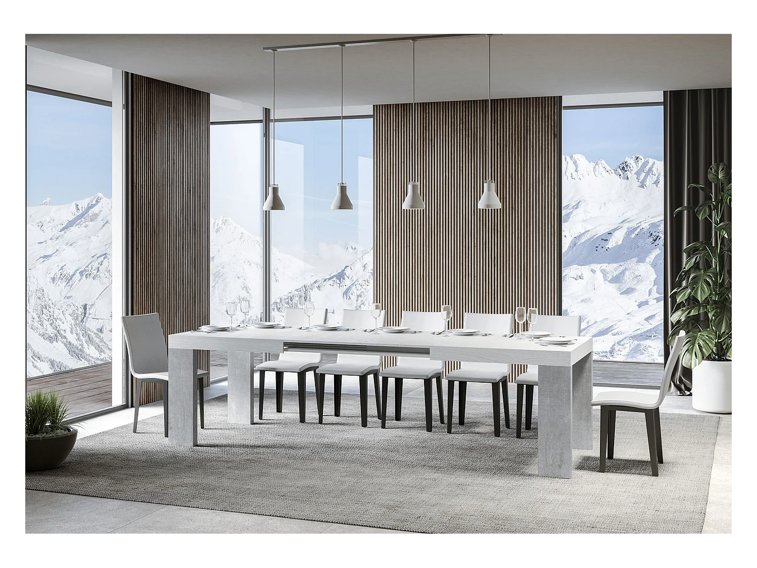 Table extensible 90x160/420 cm Roxell Mix dessus Frêne Blanc pieds Gris Béton