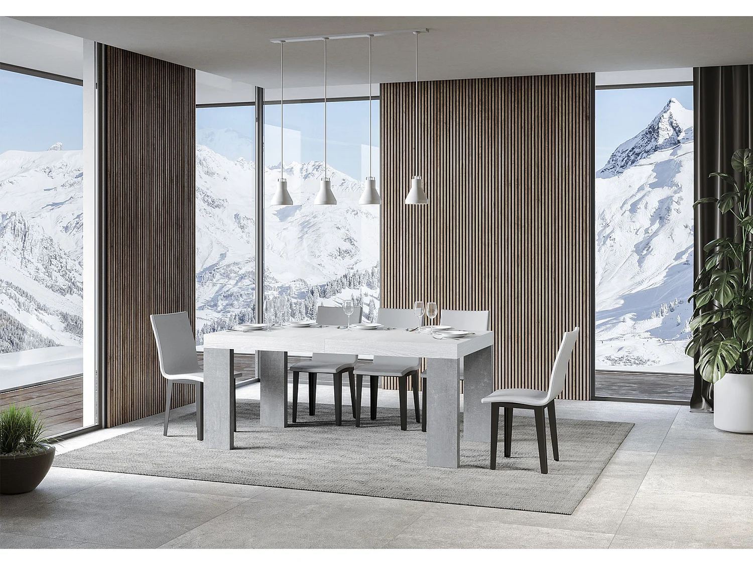 Table extensible 90x160/420 cm Roxell Mix dessus Frêne Blanc pieds Gris Béton