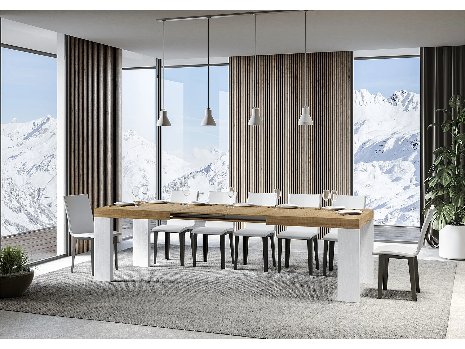 Table extensible 90x160/420 cm Roxell Mix dessus Chêne Nature pieds Frêne Blanc