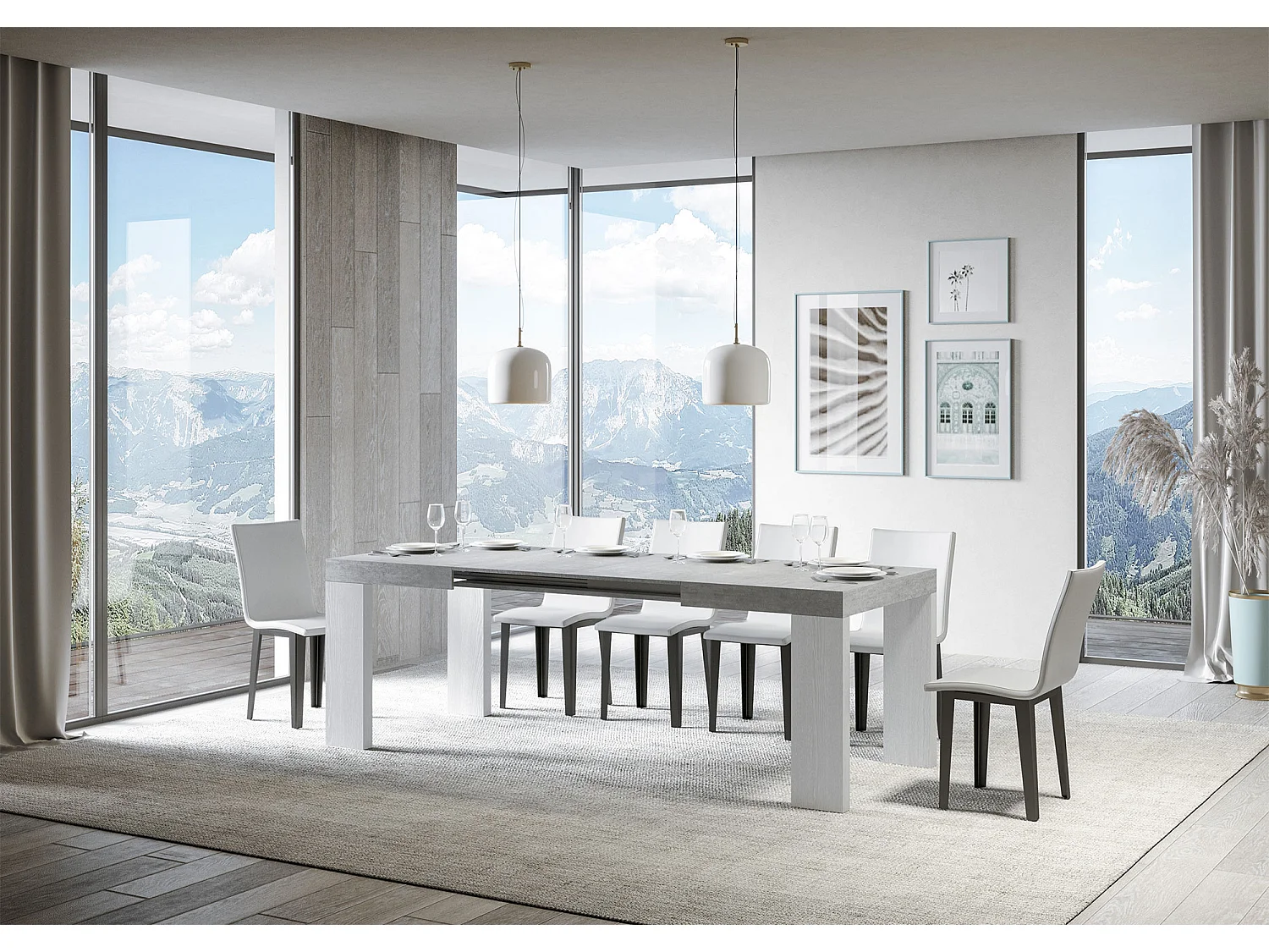 Stół rozkładany 90x130/390 cm Blat Roxell Mix Cement - nogi z białego jesionu