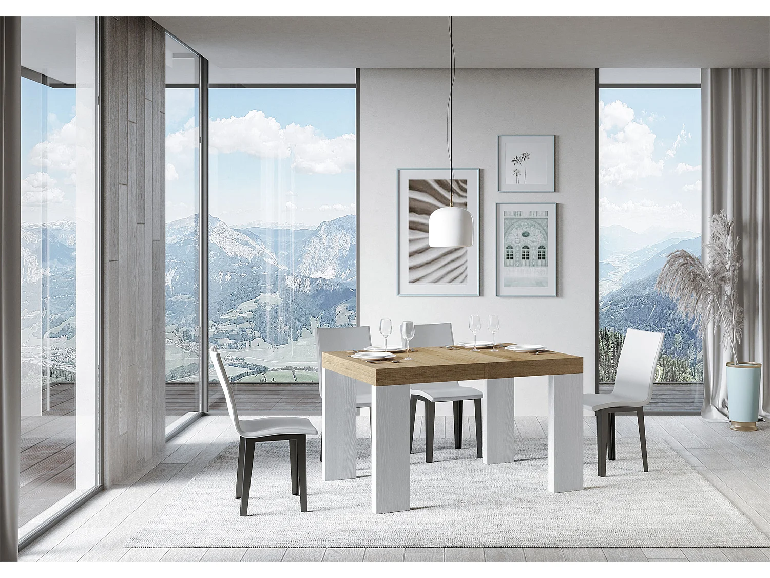 Ausziehbarer Tisch 90x130/390 cm Platte aus Roxell Mix Nature Oak – Beine aus weißer Esche