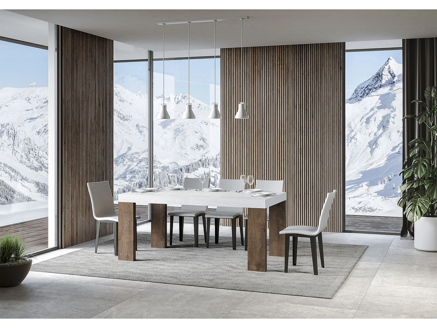 Table extensible 90x160/420 cm Roxell Mix dessus Frêne Blanc pieds Noyer