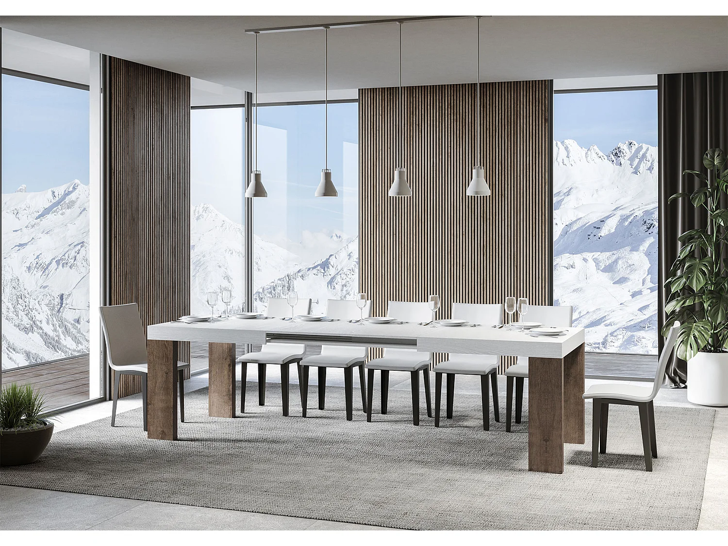 Table extensible 90x160/420 cm Roxell Mix dessus Frêne Blanc pieds Noyer