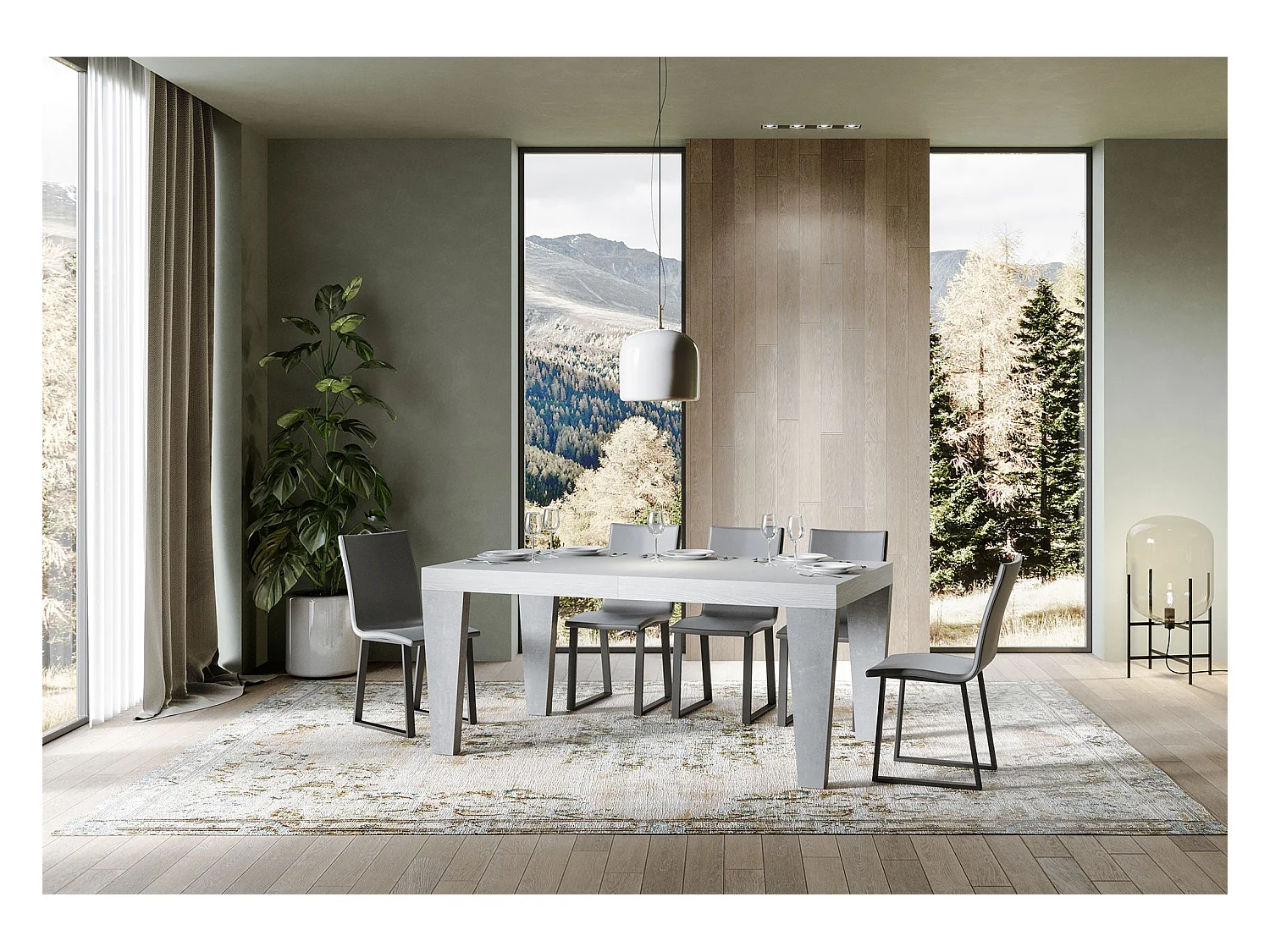 Mesa extensible 90x160/264 cm Spimbo Mix Tapa fresno blanco - Patas cemento