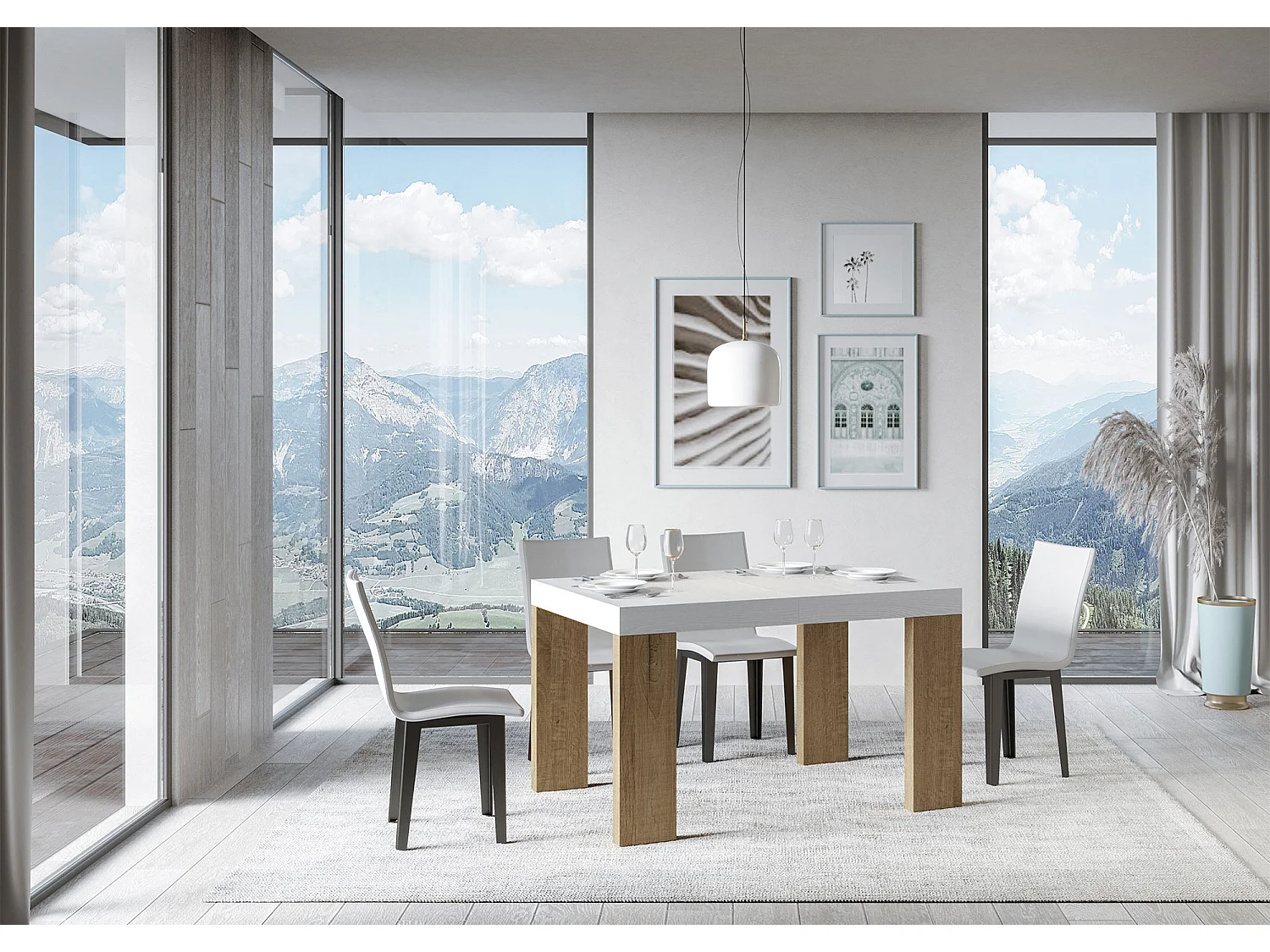Stół rozkładany 90x130/390 cm Roxell Mix Biały jesionowy blat - Nogi z naturalnego dębu