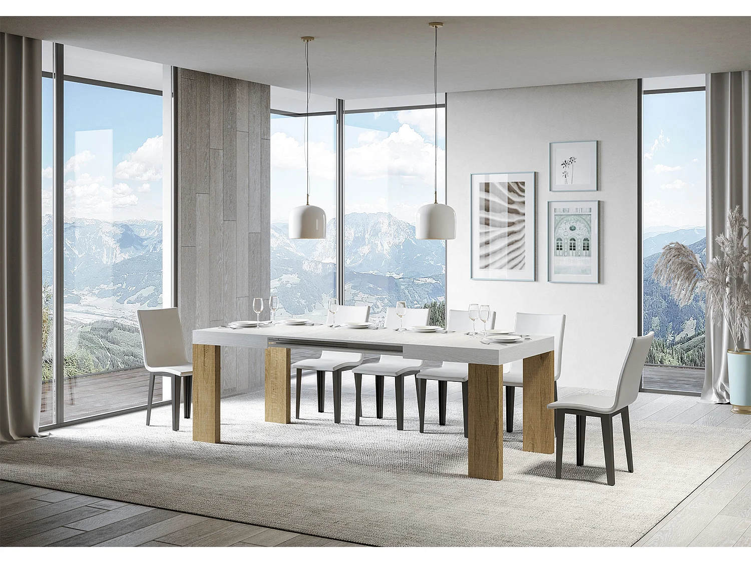 Stół rozkładany 90x130/390 cm Roxell Mix Biały jesionowy blat - Nogi z naturalnego dębu