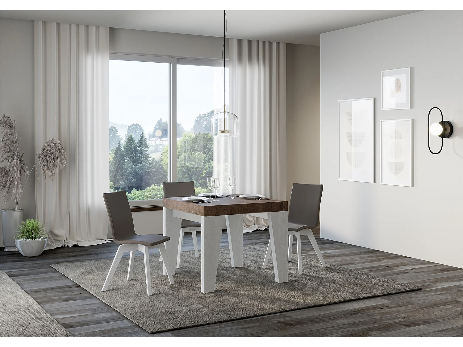 Table extensible 90x90/246 cm Naxy Mix dessus Noyer pieds Frêne Blanc