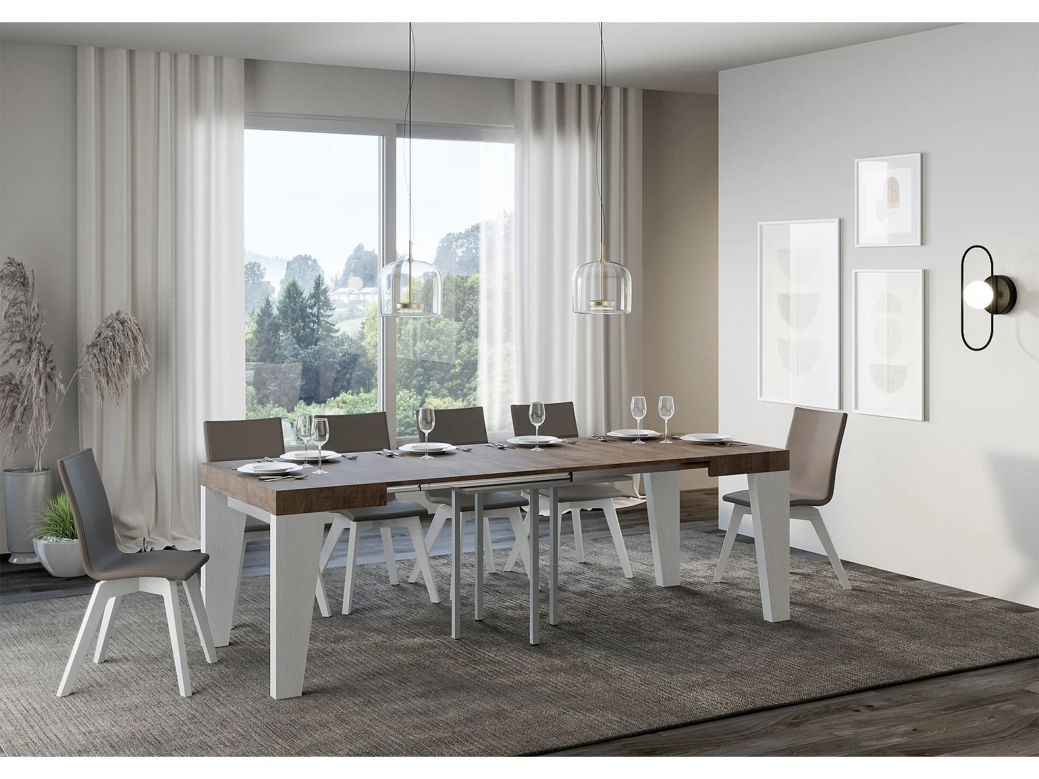 Table extensible 90x90/246 cm Naxy Mix dessus Noyer pieds Frêne Blanc