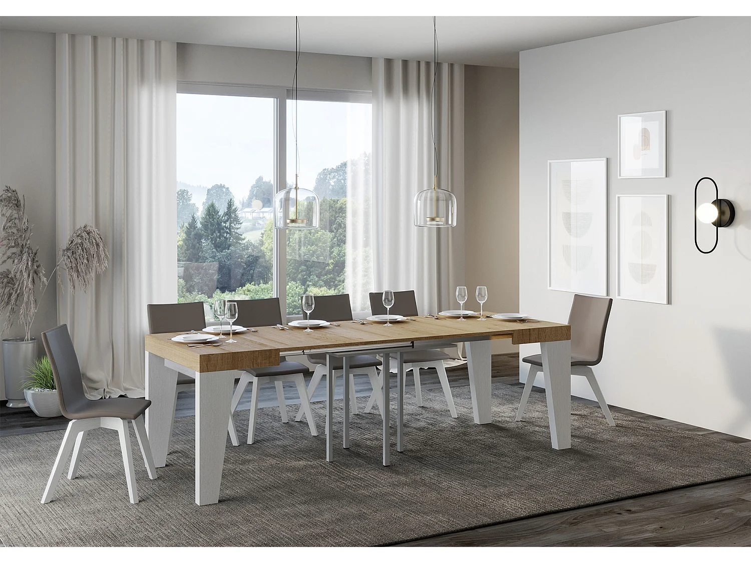 Table extensible 90x90/246 cm Naxy Mix dessus Chêne Nature pieds Frêne Blanc