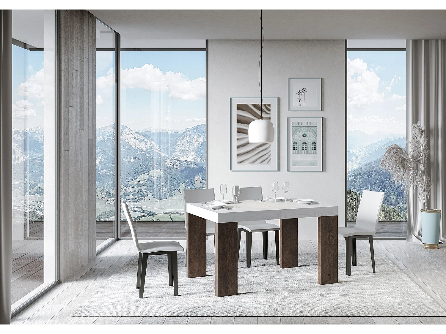 Stół rozkładany 90x130/390 cm Roxell Mix Biały jesionowy blat - Nogi z orzecha włoskiego