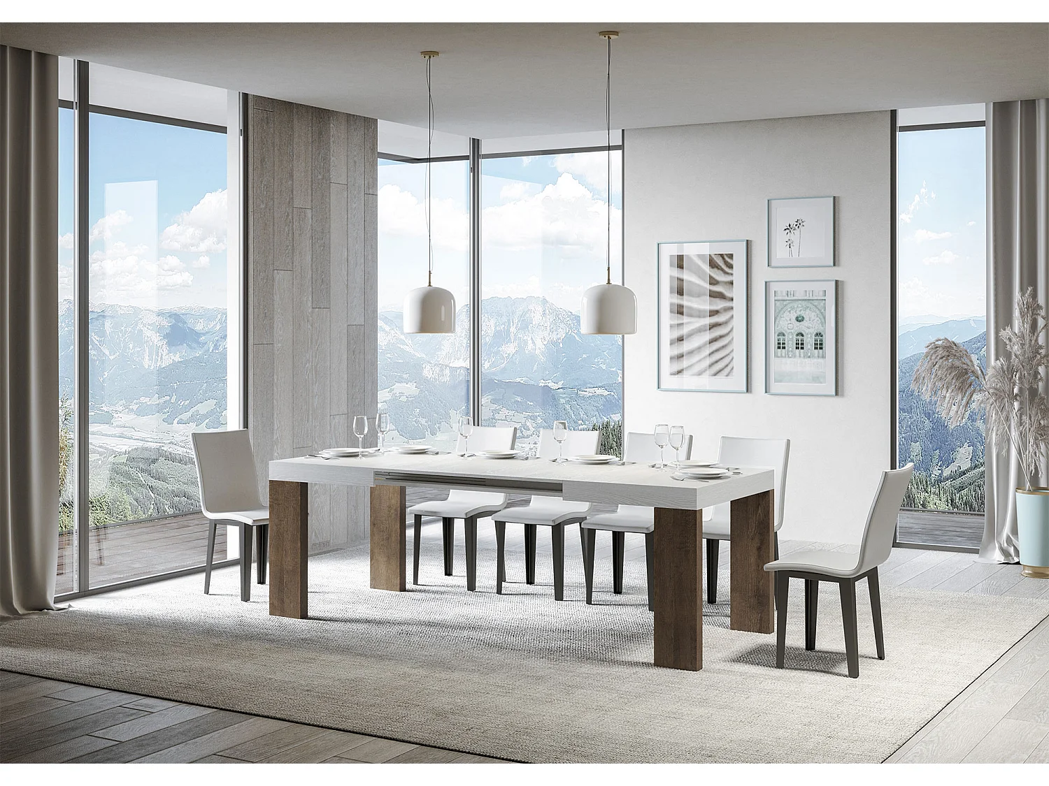 Stół rozkładany 90x130/390 cm Roxell Mix Biały jesionowy blat - Nogi z orzecha włoskiego