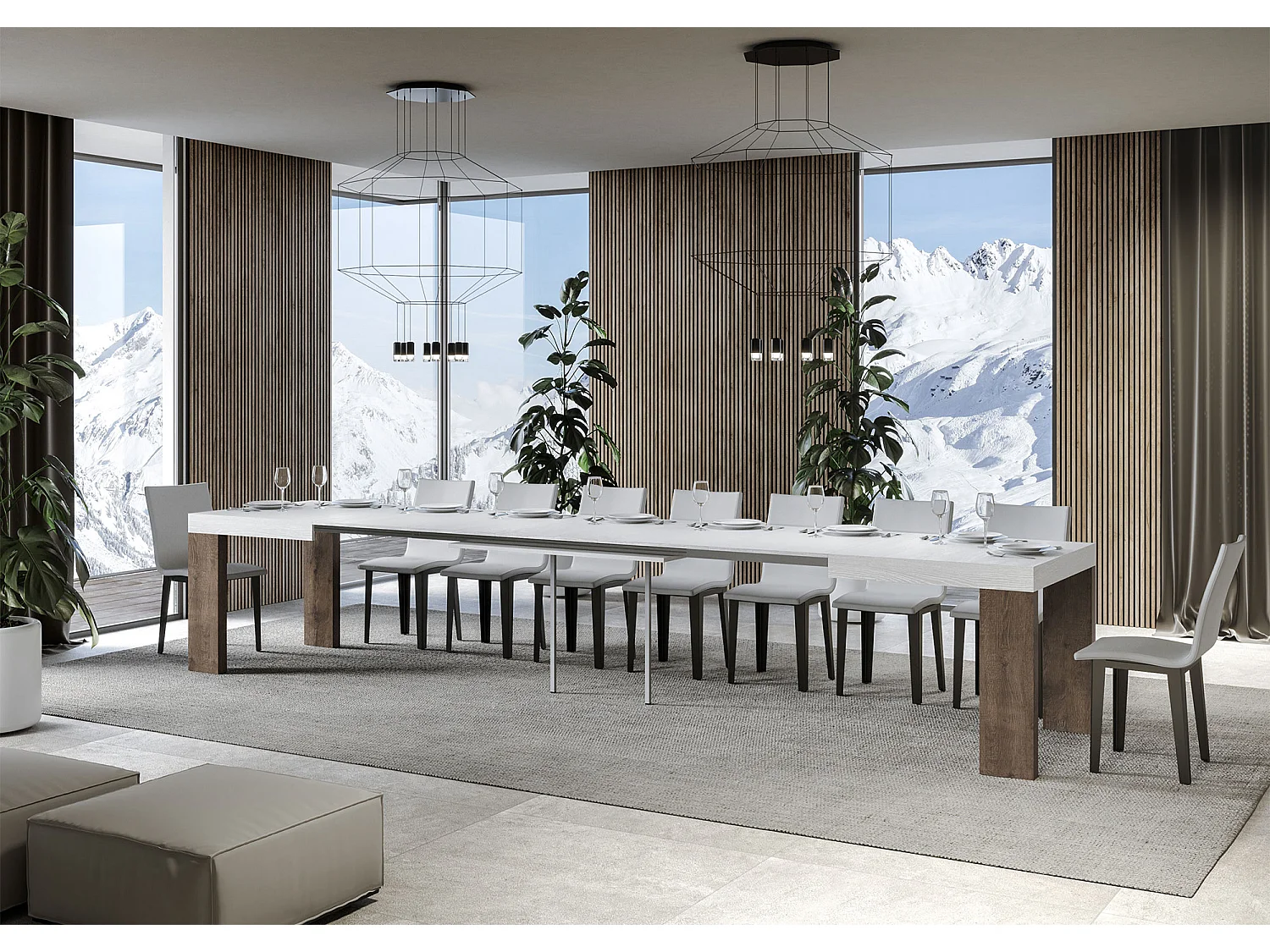 Table extensible 90x130/390 cm Roxell Mix dessus Frêne Blanc pieds Noyer