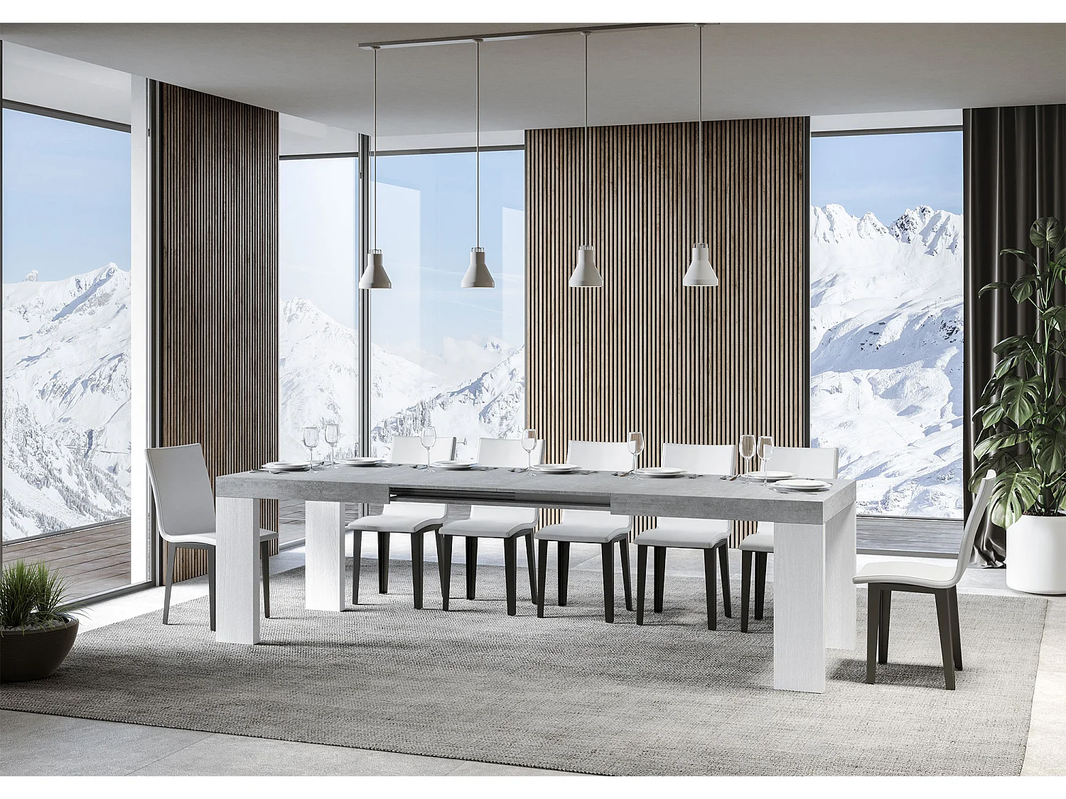 Table extensible 90x180/440 cm Roxell Mix dessus Gris Béton pieds Frêne Blanc