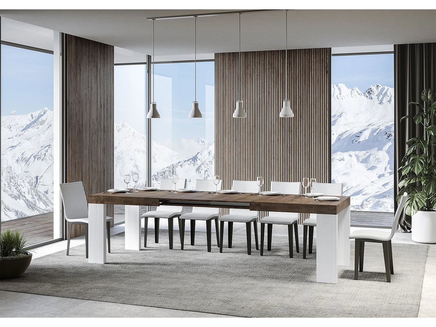 Table extensible 90x180/440 cm Roxell Mix dessus Noyer pieds Frêne Blanc