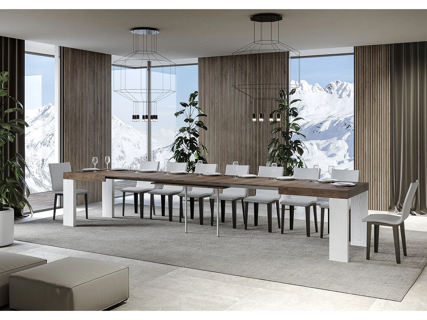 Table extensible 90x180/440 cm Roxell Mix dessus Noyer pieds Frêne Blanc