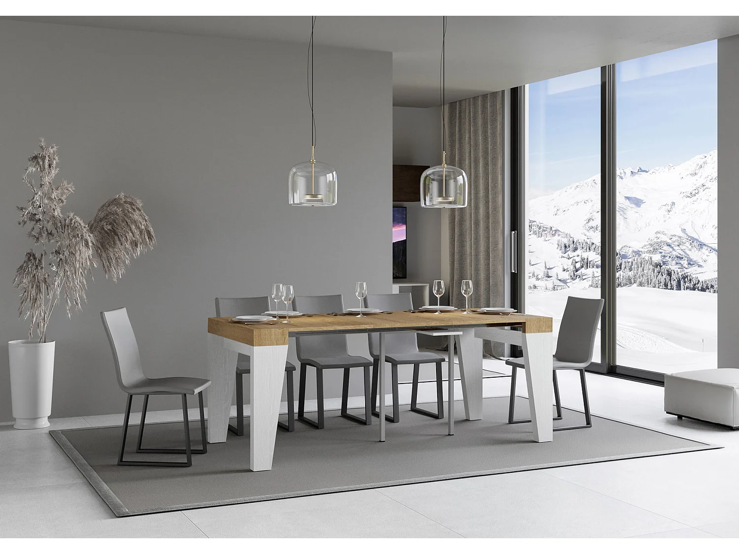 Mesa consola extensível 90x40/196 cm Naxy Mix Small plano Carvalho Natural - estrutura Cinza Branca