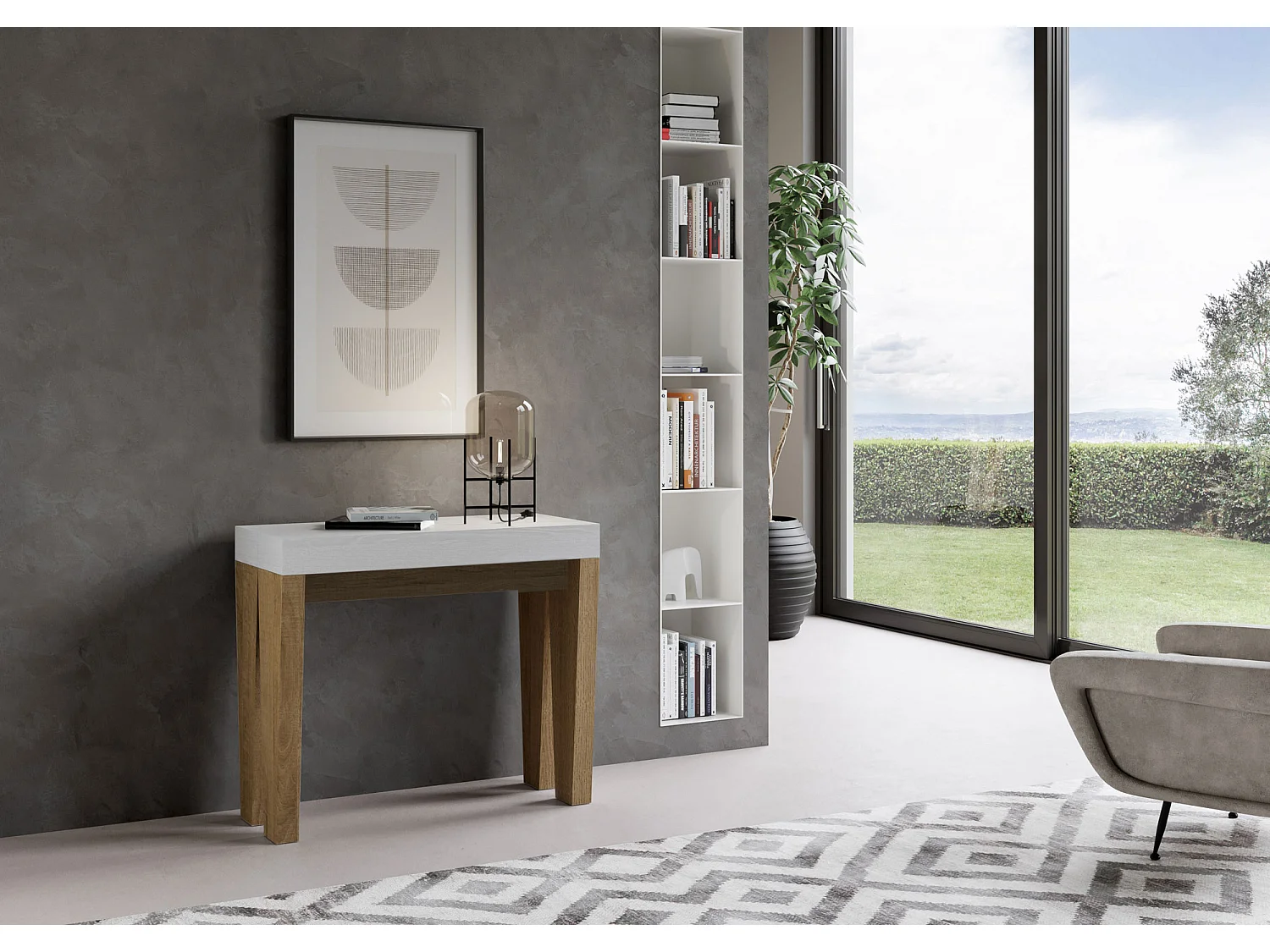 Konsola rozkładana 90x40/196 cm Spimbo Mix Small Blat Frassino biała - Struktura Dąb naturalny