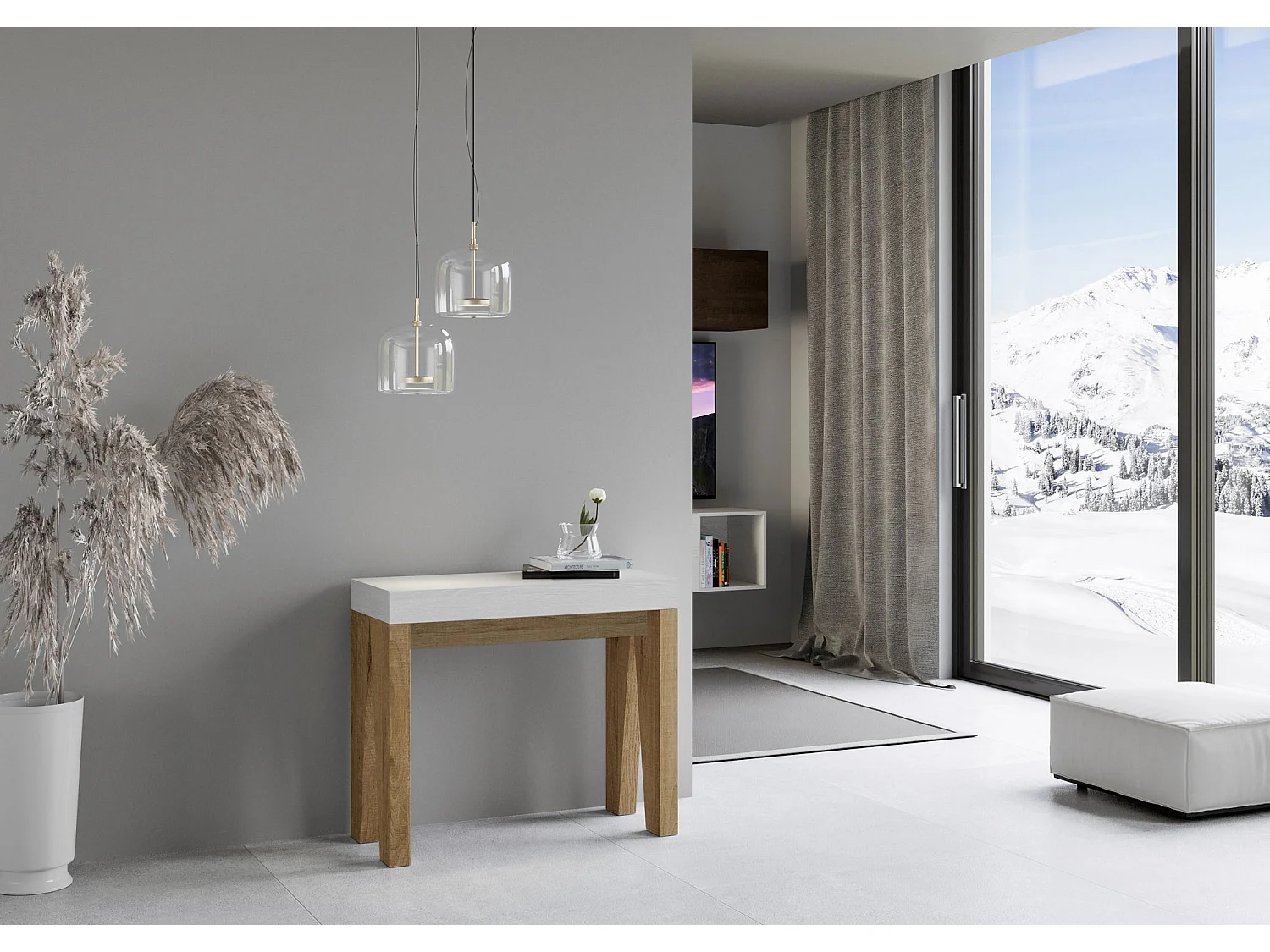 Console extensible 90x40/300 cm Naxy Mix dessus frêne blanc - structure chêne nature