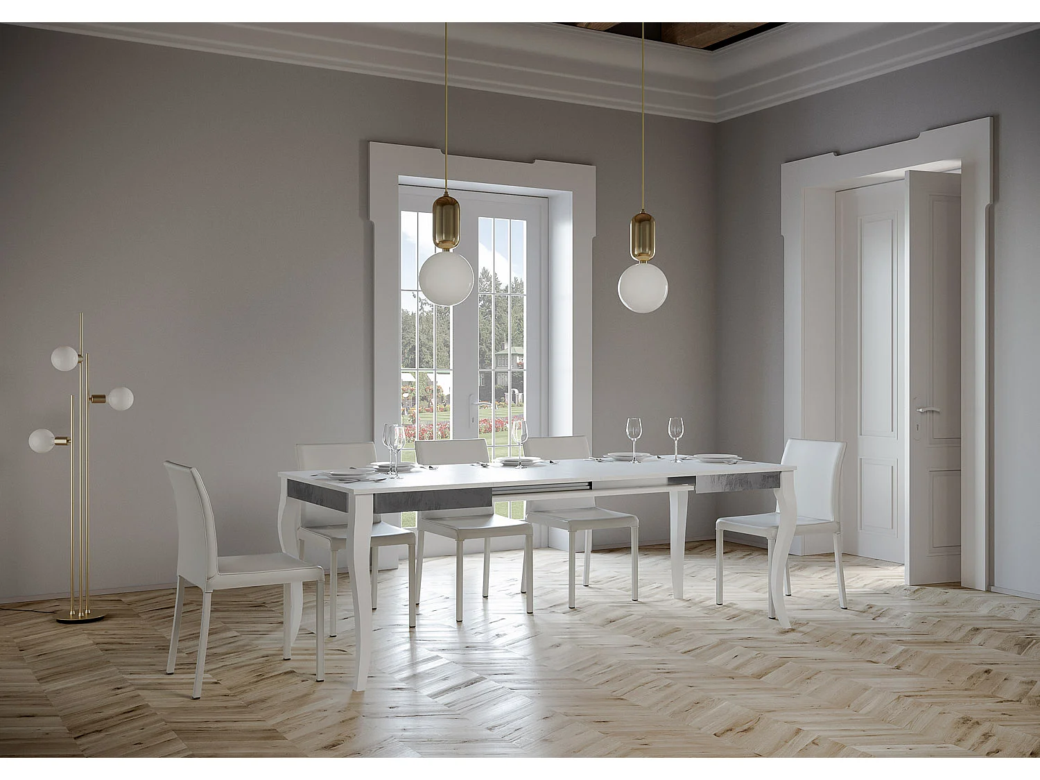 Table extensible 90x120/224 cm Olanda Iron Frêne Blanc cadre gris