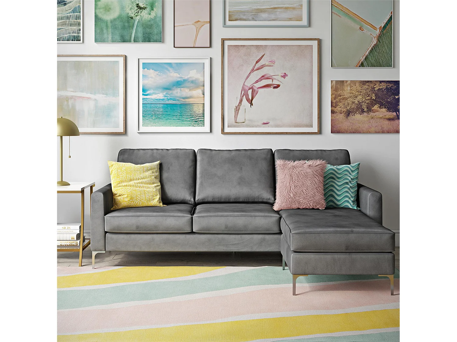 Sofa 3 zits met chaise longue in fluweelgrijs