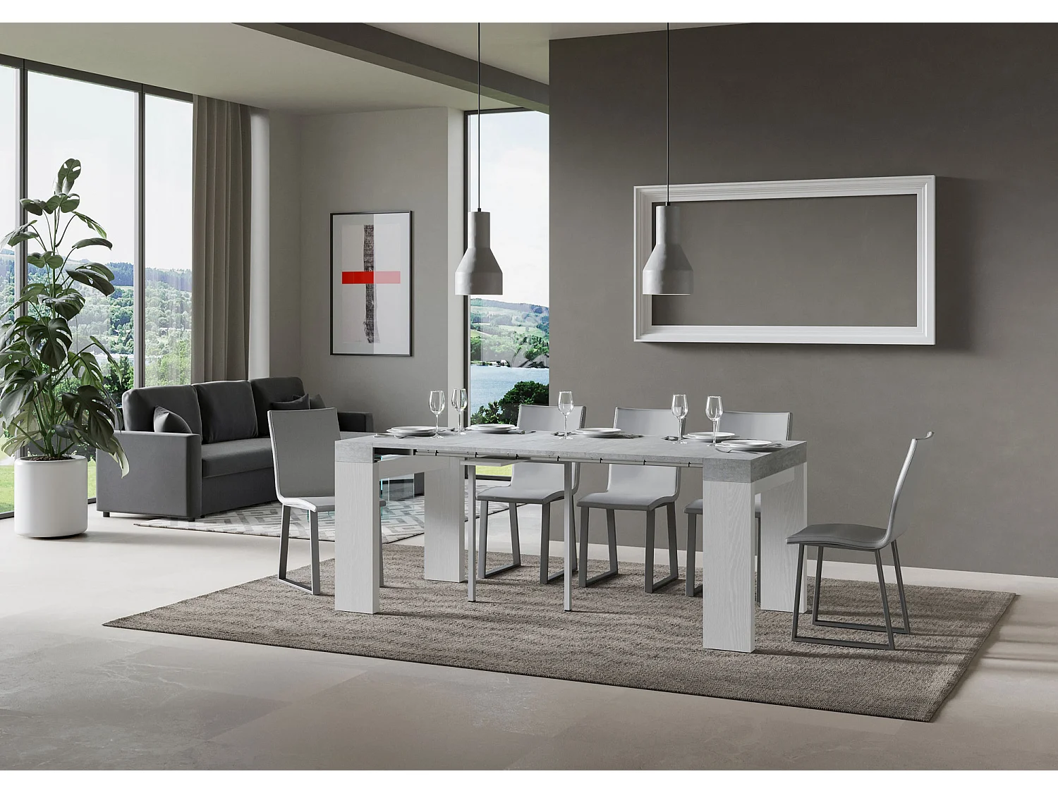 Console extensible 90x40/300 cm Roxell Mix dessus gris béton - structure frêne blanc