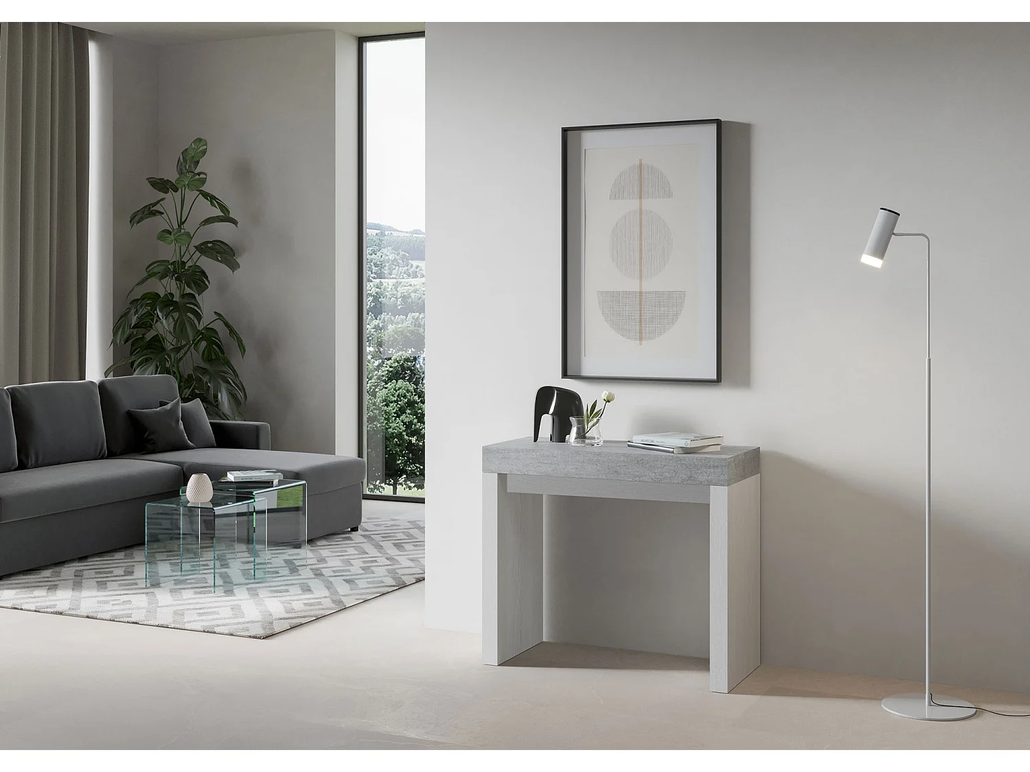 Console extensible 90x40/300 cm Roxell Mix dessus gris béton - structure frêne blanc
