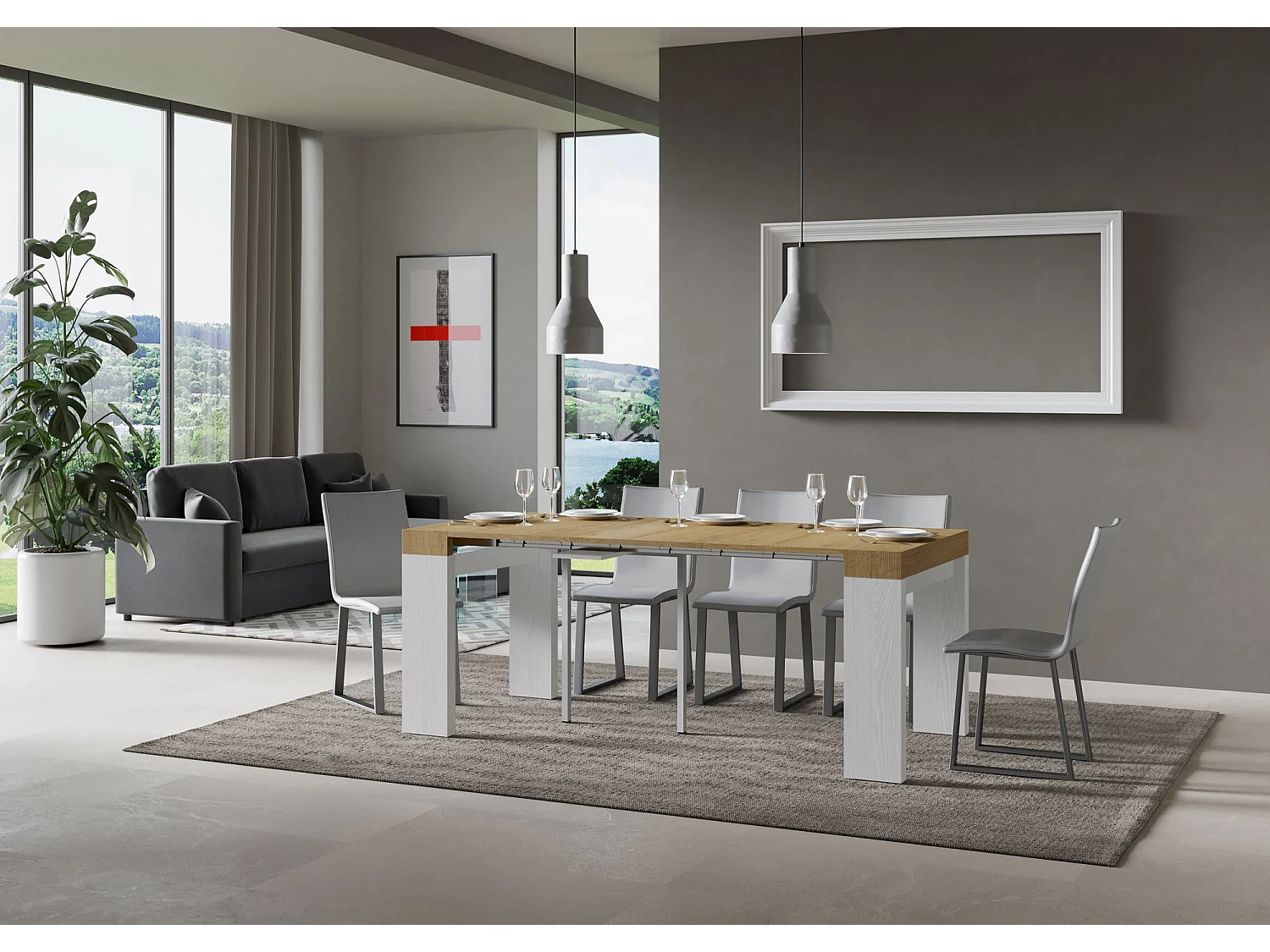 Stół konsolowy rozkładany Roxell Mix 90x40/300 cm, blat dębowy naturalny - struktura jesionu białego