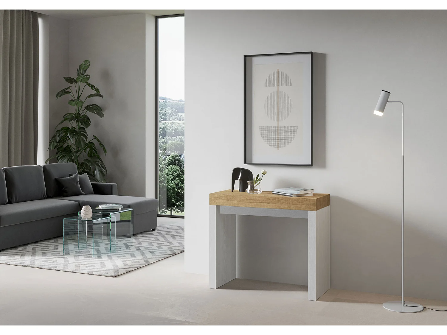 Consola extensible 90x40/300 cm Roxell Mix tapa roble natural - patas fresno blanco