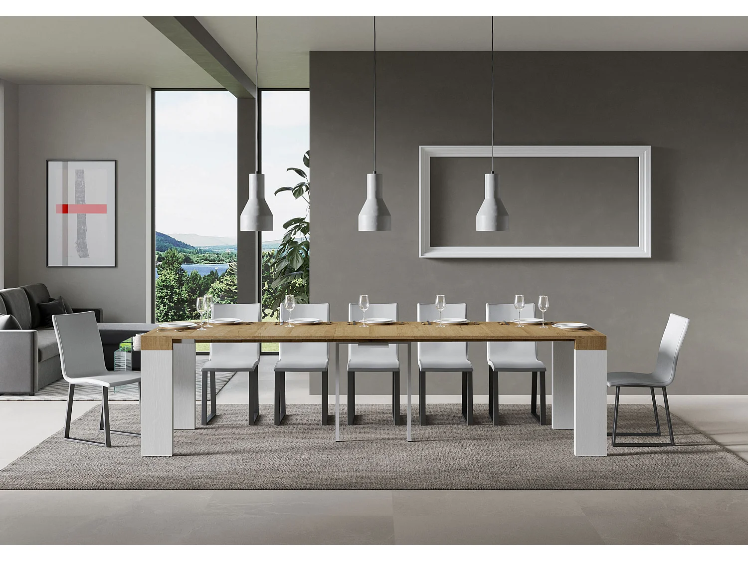 Consola extensible 90x40/300 cm Roxell Mix tapa roble natural - patas fresno blanco