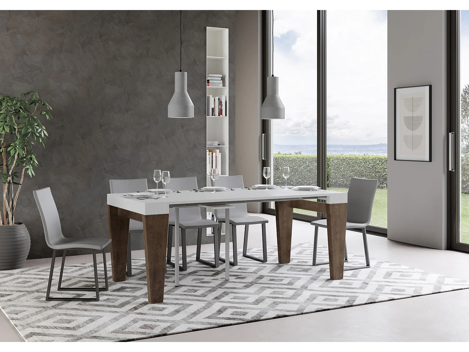 Consola extensible 90x40/300 cm Spimbo Mix tapa Fresno Blanco - estructura Nogal