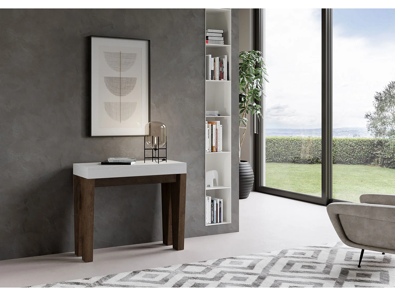 Console extensible 90x40/300 cm Spimbo Mix dessus frêne blanc - structure noyer