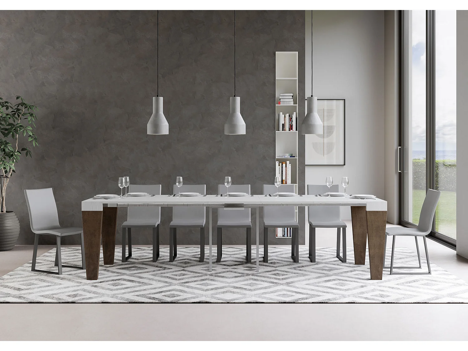 Ausziehbarer Konsolentisch 90x40/300 cm Spimbo Mix Hauptplatte Esche weiß  - Konsolenbeine Nussbaum