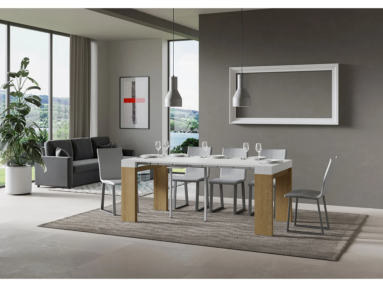 Console extensible 90x40/300 cm Roxell Mix dessus frêne blanc - structure chêne nature