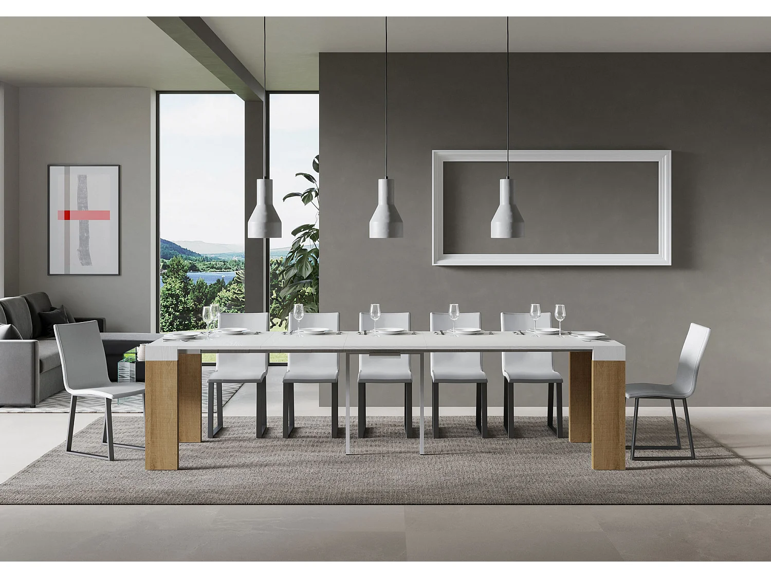 Console extensible 90x40/300 cm Roxell Mix dessus frêne blanc - structure chêne nature