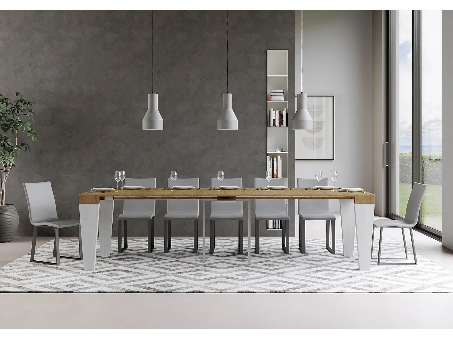 Consola extensible 90x40/300 cm Spimbo Mix tapa roble natural - patas fresno blanco